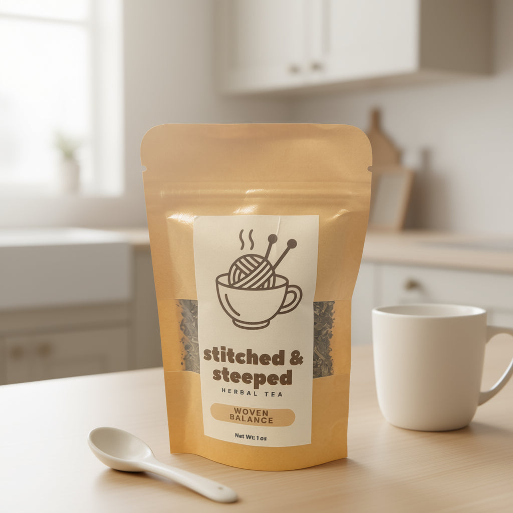 Tea package labeled 'stitched & steeped' on a kitchen counter with a cup and spoon.